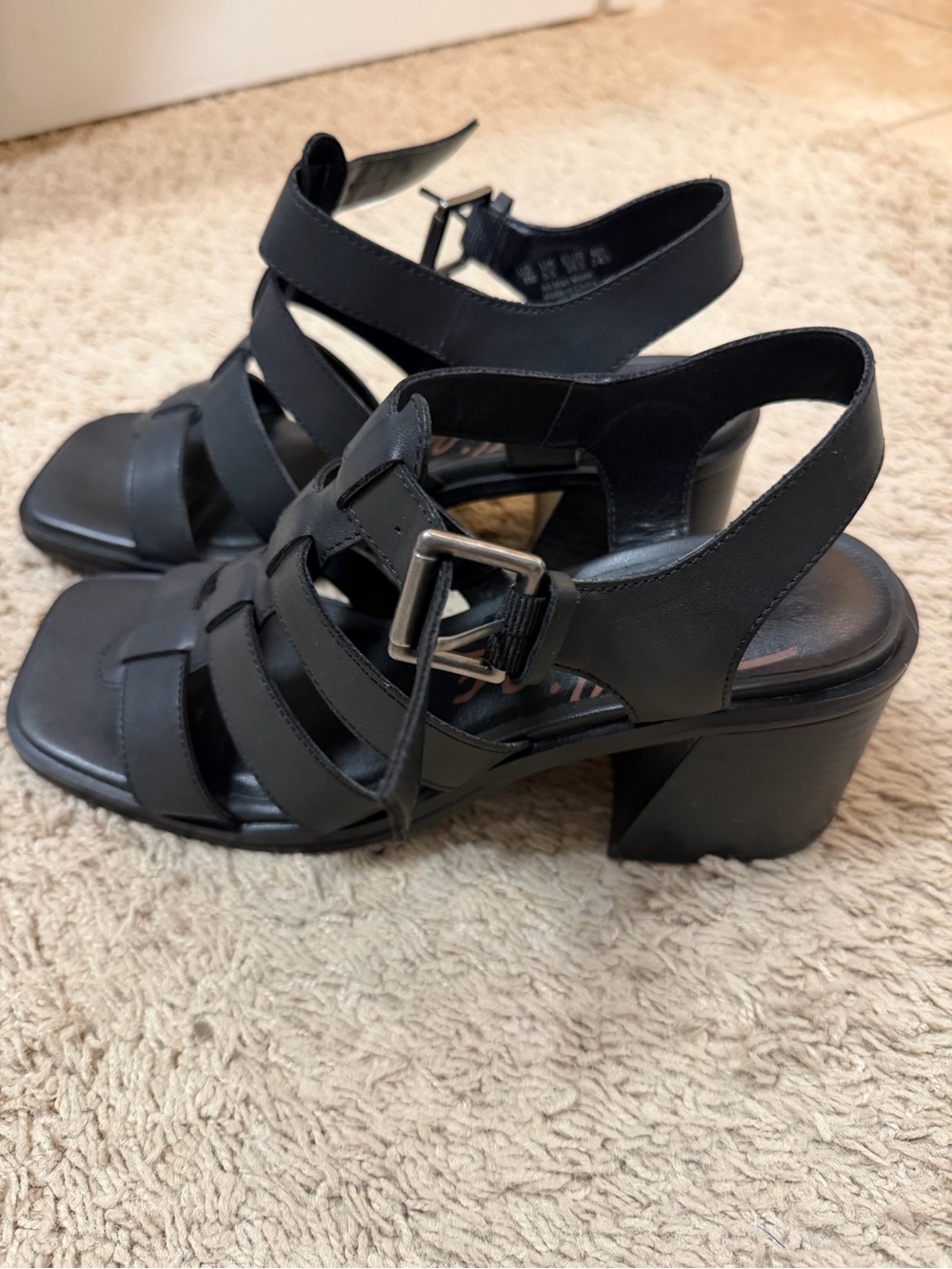 Zodiac Black Leather Multi-Strap Block Heel Sandals